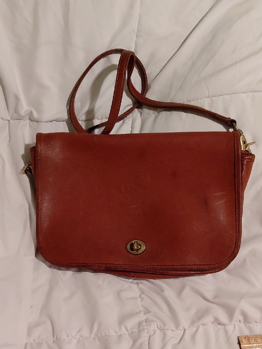 Coach Brown Leather Crossbody Bag with Turn-Lock Detail. City Style